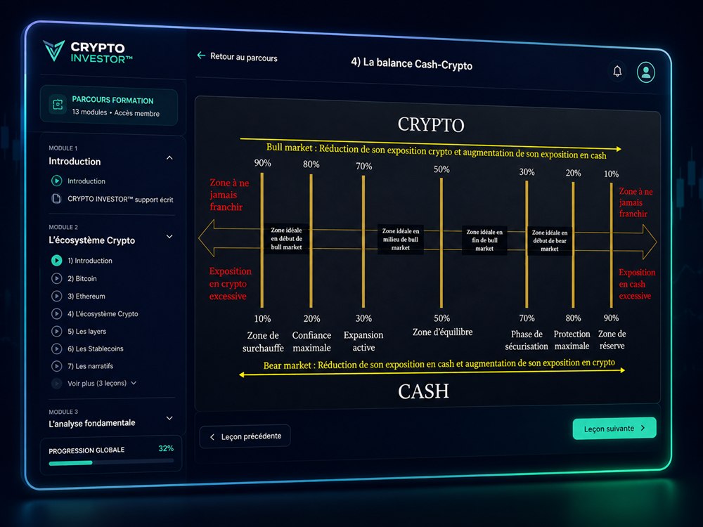 L'espace membre CRYPTO INVESTOR, structuré en 13 modules
